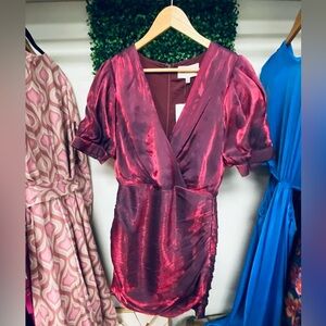 Iridescent Pink dress with puff sleeve gathered skirt